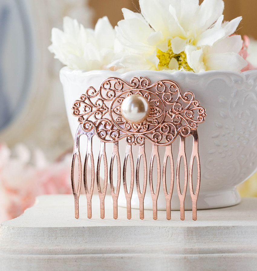 Rose Gold Hair Comb, Rose Gold Wedding Bridal Hair Comb, Winter Fall Autumn Wedding, Bridesmaid Gift, Filigree Champagne Pearl Comb