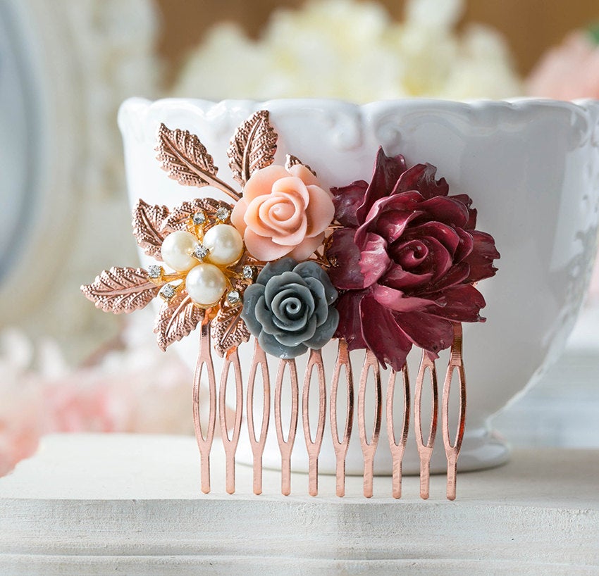 Rose Gold Bridal Hair Comb Maroon Burgundy Dark Red Wedding Hair Comb Red Gray Dusty Pink Flower Pearl Rhinestone Fall Autumn Wedding Comb