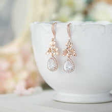 Load image into Gallery viewer, Rose Gold Bridal Earrings Wedding Earrings Rose Gold Clear Crystal Cubic Zirconia Earrings Cherry Blossom Lilac Flower Wedding Jewelry
