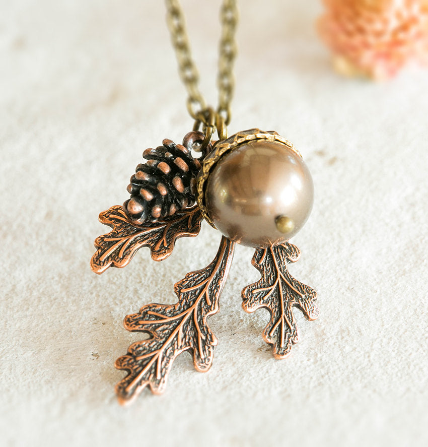 Acorn Pinecone Oak Leaf Necklace, Bronze Pearl Acorn Pendant Necklace, Fall Autumn jewelry, Woodland Necklace, Copper Leaf, Gift for her