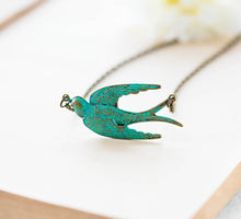 Load image into Gallery viewer, Bird Necklace, Swallow Necklace, Verdigris Patina Green Blue Bird Pendant Necklace, Bird Jewelry, Boho Chic Bohemian, Christmas gift
