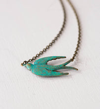 Load image into Gallery viewer, Bird Necklace, Swallow Necklace, Verdigris Patina Green Blue Bird Pendant Necklace, Bird Jewelry, Boho Chic Bohemian, Christmas gift
