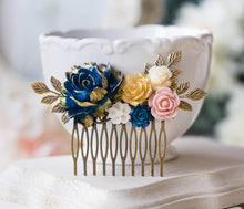 Load image into Gallery viewer, Gold Navy Blue Pink Ivory Floral Bridal Hair Comb, Wedding Hair Comb, Antiqued gold leaf branch Comb, Country Barn Wedding Hairpiece
