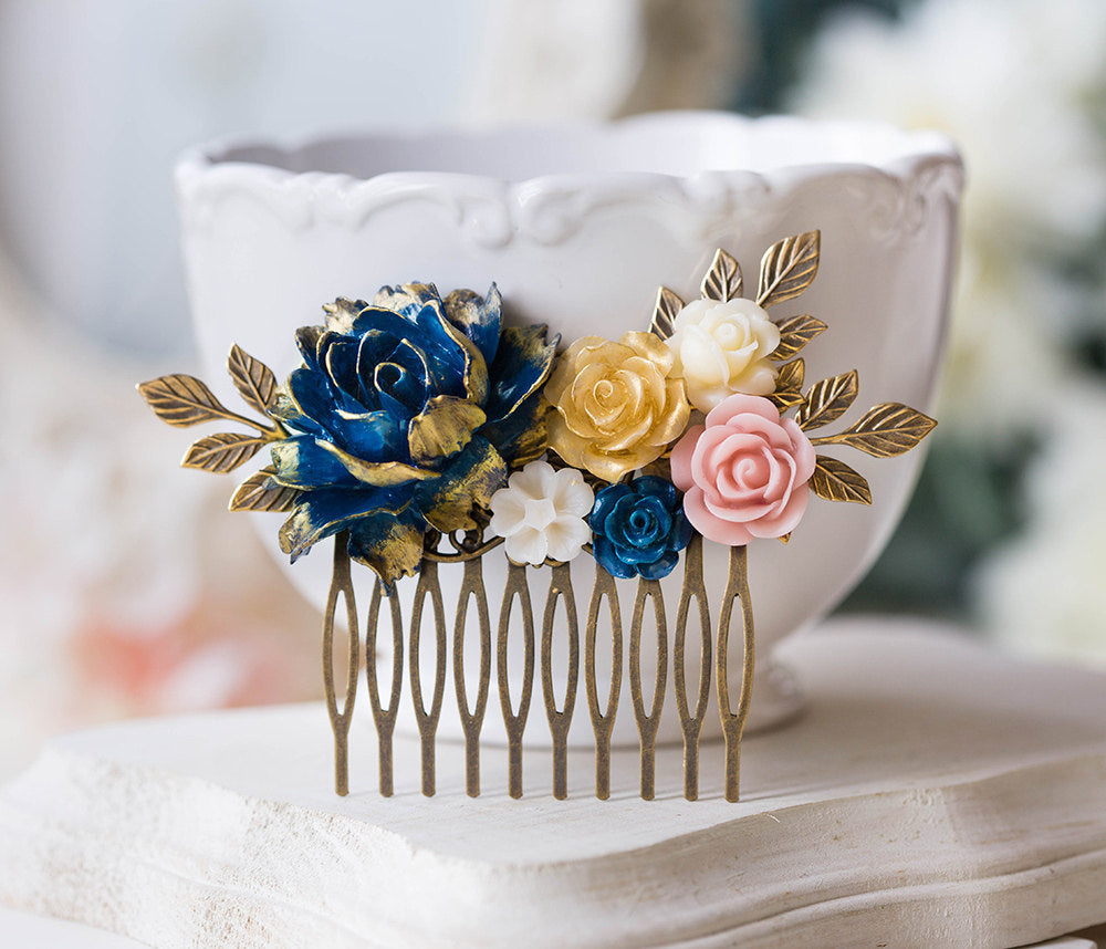 Gold Navy Blue Pink Ivory Floral Bridal Hair Comb, Wedding Hair Comb, Antiqued gold leaf branch Comb, Country Barn Wedding Hairpiece