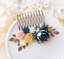 Load image into Gallery viewer, Gold Navy Blue Pink Ivory Floral Bridal Hair Comb, Wedding Hair Comb, Antiqued gold leaf branch Comb, Country Barn Wedding Hairpiece
