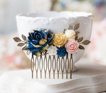 Load image into Gallery viewer, Gold Navy Blue Pink Ivory Floral Bridal Hair Comb, Wedding Hair Comb, Antiqued gold leaf branch Comb, Country Barn Wedding Hairpiece
