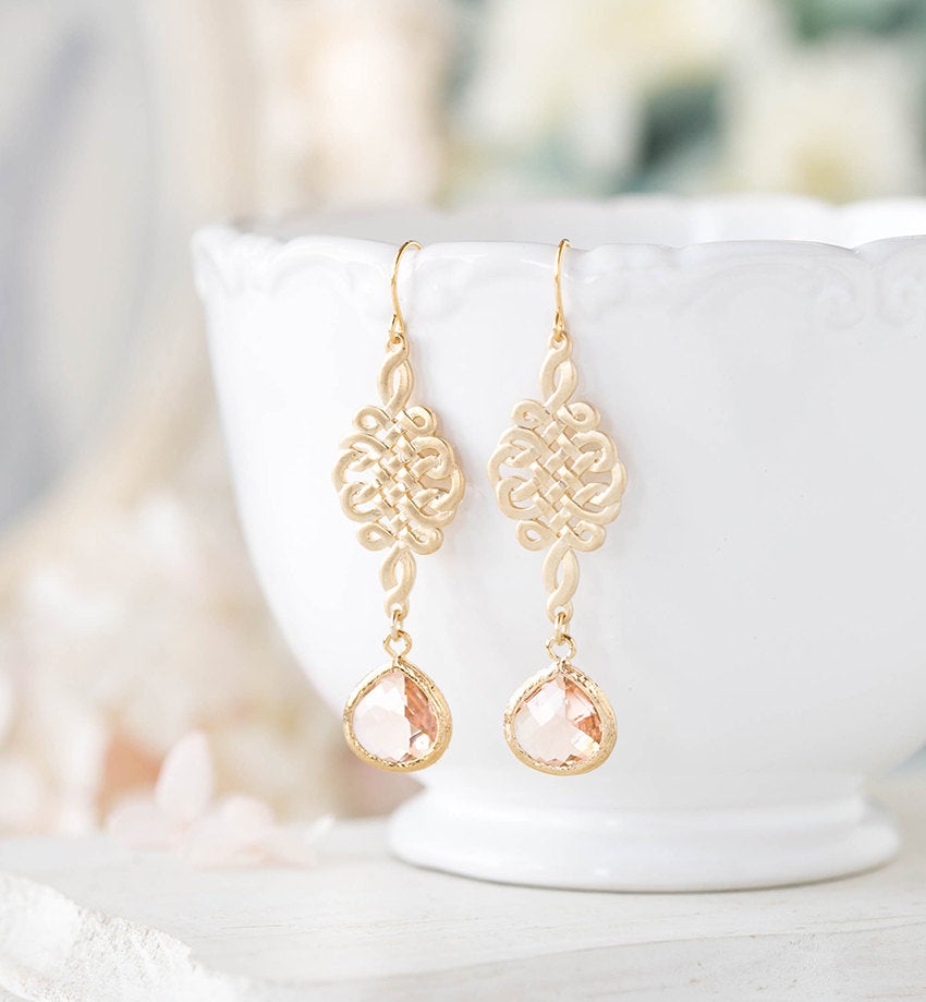 Peach Glass Earrings, Gold Celtic Knot Dangle Earrings, Peach Wedding Jewelry, Bridesmaid Gift , Anniversary gift for wife, Gift for her