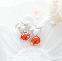 Load image into Gallery viewer, Orange Tangerine Earrings, Silver Orchid Flower Earrings, Orange Wedding Jewelry, Bridesmaid Earrings, Bridal Party Gift, Valentines gift
