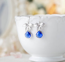 Load image into Gallery viewer, Cobalt Blue Earrings, Silver Orchid Flower Dangle Earrings, Sapphire Drop Earrings, Cobalt Wedding Bridesmaid Earrings, Bridal Party Gift
