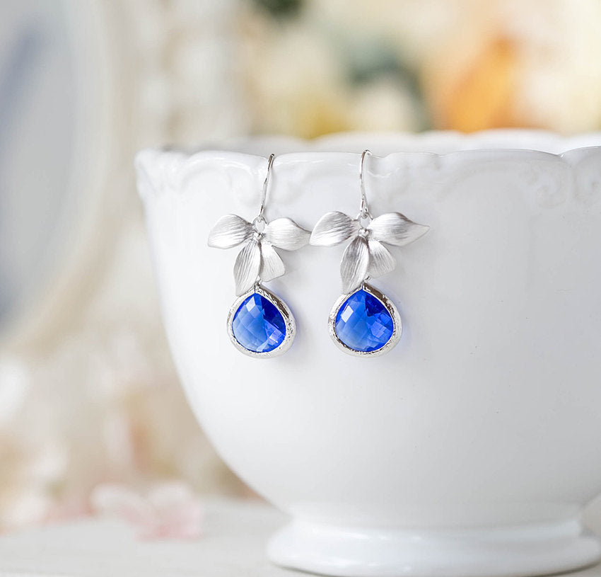 Cobalt Blue Earrings, Silver Orchid Flower Dangle Earrings, Sapphire Drop Earrings, Cobalt Wedding Bridesmaid Earrings, Bridal Party Gift