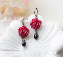 Load image into Gallery viewer, Dark Red Earrings, Maroon Burgundy Marsala Flower Black Teardrop Pearl Dangle Earrings Wedding Jewelry Bridesmaid Gift Valentines day gift
