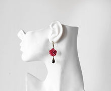 Load image into Gallery viewer, Dark Red Earrings, Maroon Burgundy Marsala Flower Black Teardrop Pearl Dangle Earrings Wedding Jewelry Bridesmaid Gift Valentines day gift
