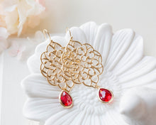 Load image into Gallery viewer, Gold Filigree Earrings, Red Glass Jewel Dangle Earrings, Gold and Red Wedding Jewelry, Boho Chic Bohemian Earrings, Statement Earrings
