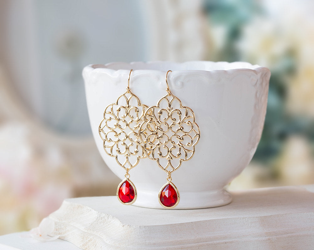 Gold Filigree Earrings, Red Glass Jewel Dangle Earrings, Gold and Red Wedding Jewelry, Boho Chic Bohemian Earrings, Statement Earrings