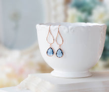 Load image into Gallery viewer, Rose Gold Navy Blue Dangle Earrings, Sapphire Blue Glass Drop Earrings, Navy Wedding Bridesmaid Earrings, Gift for Wife Mom, Valentines gift
