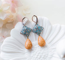 Load image into Gallery viewer, Verdigris Filigree Dangle Earrings, Orange Etched Lucite Bead Drop Earrings, Blue Patina Brass Filigree, Boho Chic, Bohemian Earrings
