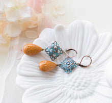 Load image into Gallery viewer, Verdigris Filigree Dangle Earrings, Orange Etched Lucite Bead Drop Earrings, Blue Patina Brass Filigree, Boho Chic, Bohemian Earrings
