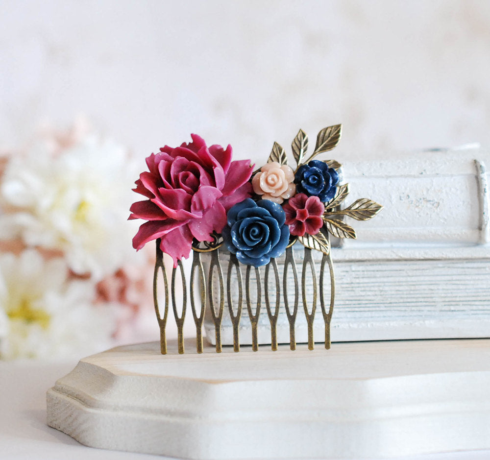 Maroon Plum Navy Blue Wedding Bridal Hair Comb Leaf Branch Rose Flower Floral Rustic Vintage Country Barn Wedding Hair Comb Bridal Hairpiece