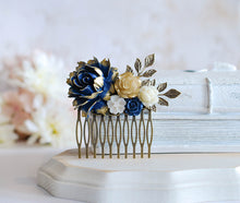 画像をギャラリービューアに読み込む, Navy and Gold Wedding Bridal Hair Comb Antique Gold Leaf Branch Flowers Hair Accessory Something blue Wedding Bridesmaid Gift Vintage Style
