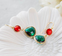 Load image into Gallery viewer, Christmas Earrings, Christmas Jewelry, Red and Green Earrings, Ruby Emerald Glass Stone Gold Dangle Earrings, Christmas Party Gift for Her
