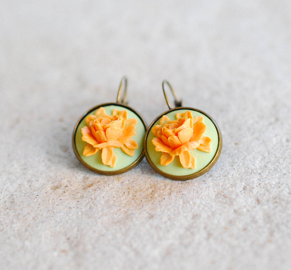 Orange Light Green Rose Cameo Earrings Victorian Style Leverback Lever Back Dangle Earrings Floral Cameo Jewelry Gift for Women Her Wife