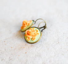 画像をギャラリービューアに読み込む, Orange Light Green Rose Cameo Earrings Victorian Style Leverback Lever Back Dangle Earrings Floral Cameo Jewelry Gift for Women Her Wife
