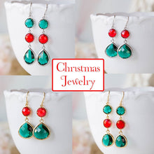 Load image into Gallery viewer, Christmas Earrings, Christmas Jewelry, Red and Green Earrings, Ruby Emerald Glass Stone Gold Dangle Earrings, Christmas Party Gift for Her
