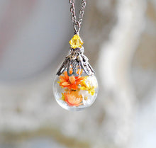 Load image into Gallery viewer, Real Yellow Orange Flower Necklace, November Birthday Birthstone Topaz Necklace, unique gift for Her, Terrarium necklace
