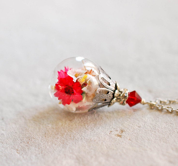 Red Flower Terrarium Necklace January July Birthstone Necklace Garnet Ruby Jewelery Silver Glass Bottle Pendant Valentines Day Gift