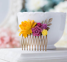 Load image into Gallery viewer, Yellow Plum Wedding Bridal Hair Comb Rose Flower Collage Comb Garden Country Wedding Floral Hair Accessory Bridal Party Bridesmaid Gift
