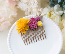 Load image into Gallery viewer, Yellow Plum Wedding Bridal Hair Comb Rose Flower Collage Comb Garden Country Wedding Floral Hair Accessory Bridal Party Bridesmaid Gift
