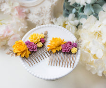 Load image into Gallery viewer, Yellow Plum Wedding Bridal Hair Comb Rose Flower Collage Comb Garden Country Wedding Floral Hair Accessory Bridal Party Bridesmaid Gift
