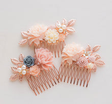 Load image into Gallery viewer, Rose Gold Dark Red Maroon Burgundy Marsala Wedding Bridal Hair Comb, Red Gray Dusty Pink Rose Flower Leaf Branch Hairpiece, Bridesmaid Gift
