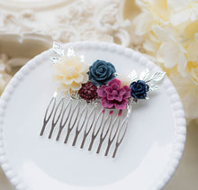 画像をギャラリービューアに読み込む, Navy Blue Plum Ivory Wedding Bridal Hair Comb, Maroon Burgundy Navy Floral Silver Hair Comb, Bridal Hair Piece, Bridal Party Bridesmaid Gift
