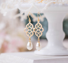 Load image into Gallery viewer, Matte Gold Celtic Knot Earrings Filigree Cream White Teardrop Pearl Dangle Earrings Wedding Bridal Earring Eternity infinity jewelry
