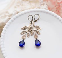 Load image into Gallery viewer, Brass Leaf Earrings Sapphire Blue Rhinestone Crystals Earrings, Woodland Garden Wedding Bridal Earrings, September Birthstone Jewelry
