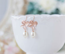 Load image into Gallery viewer, Rose Gold Orchid Flower Cream White Teardrop Pearls Dangle Earrings Rose Gold Wedding Jewelry Bridal Earrings Bridesmaid Gift labor day sale
