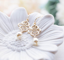 Load image into Gallery viewer, Matte Gold Celtic Knot Earrings Filigree Cream White Teardrop Pearl Dangle Earrings Wedding Bridal Earring Eternity infinity jewelry
