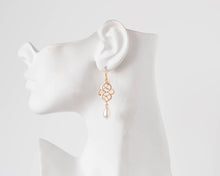 Load image into Gallery viewer, Matte Gold Celtic Knot Earrings Filigree Cream White Teardrop Pearl Dangle Earrings Wedding Bridal Earring Eternity infinity jewelry
