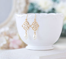 Load image into Gallery viewer, Matte Gold Celtic Knot Earrings Filigree Cream White Teardrop Pearl Dangle Earrings Wedding Bridal Earring Eternity infinity jewelry
