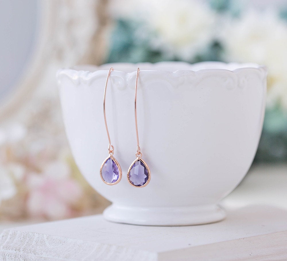 Rose Gold Amethyst Purple Earrings Wedding Jewelry Bridesmaid Gift Purple Glass Earrings Rose Gold Jewelry Christmas gift Gift for her