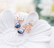 Load image into Gallery viewer, Rose Gold Lilac Flower Navy Blue Crystal Dangle Earrings Sapphire Navy Blue Wedding Jewelry Bridal Earrings Bridal Party Bridesmaid Gift
