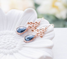 Load image into Gallery viewer, Rose Gold Lilac Flower Navy Blue Crystal Dangle Earrings Sapphire Navy Blue Wedding Jewelry Bridal Earrings Bridal Party Bridesmaid Gift
