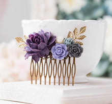 画像をギャラリービューアに読み込む, Purple Wedding Hair Comb Purple Grey Ivory Floral Bridal Hair Comb Gold Leaf Branch Bridal Hair Piece Bridesmaid Gift
