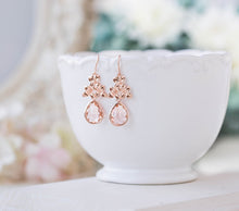 Load image into Gallery viewer, Rose Gold Peach Champagne Crystal Dangle Earrings Peach Wedding Jewelry Bridal Earrings Bridal Party Bridesmaids Gift Lilac Earrings
