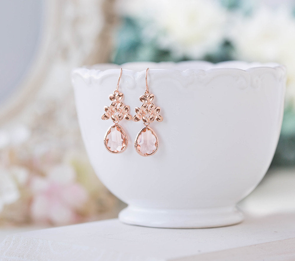 Rose Gold Peach Champagne Crystal Dangle Earrings Peach Wedding Jewelry Bridal Earrings Bridal Party Bridesmaids Gift Lilac Earrings