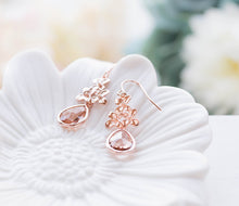 Load image into Gallery viewer, Rose Gold Peach Champagne Crystal Dangle Earrings Peach Wedding Jewelry Bridal Earrings Bridal Party Bridesmaids Gift Lilac Earrings
