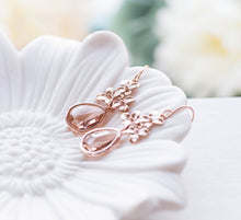 Load image into Gallery viewer, Rose Gold Peach Champagne Crystal Dangle Earrings Peach Wedding Jewelry Bridal Earrings Bridal Party Bridesmaids Gift Lilac Earrings
