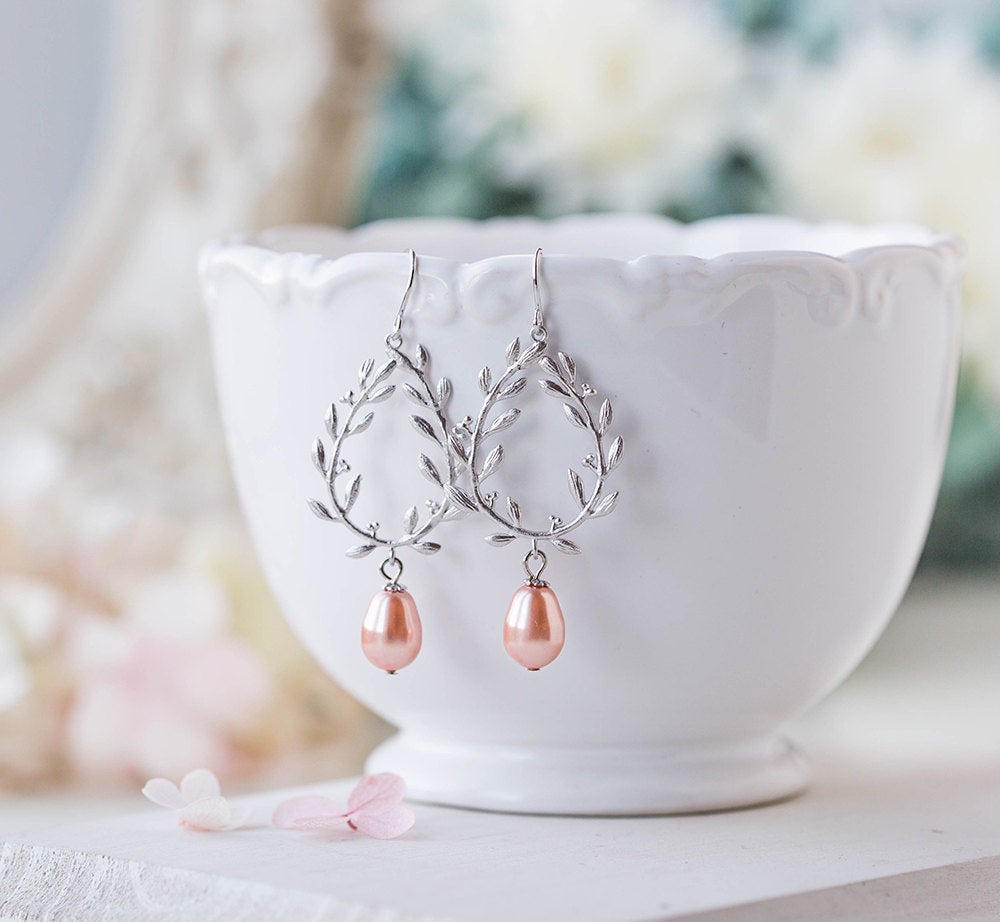 Peach Wedding Bridal Earrings Silver Laurel Wreath with Swarovski Peach Teardrop Pearl Dangle Chandelier Earrings Bridal Bridesmaid Earrings