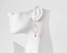 Load image into Gallery viewer, Peach Wedding Bridal Earrings Silver Laurel Wreath with Swarovski Peach Teardrop Pearl Dangle Chandelier Earrings Bridal Bridesmaid Earrings
